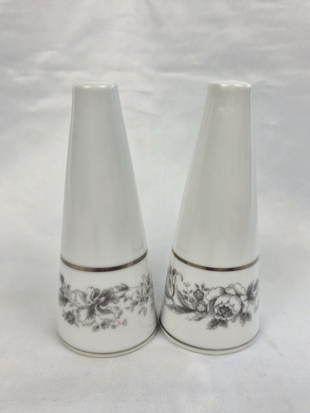 Style House Prestige Salt & Pepper Shaker Set Gray Flowers Platinum Trim